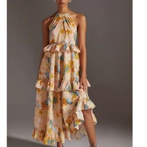 Anthropologie Dress Womens Large Ruffled Tiered Floral Maxi Dress Halter Pastel
